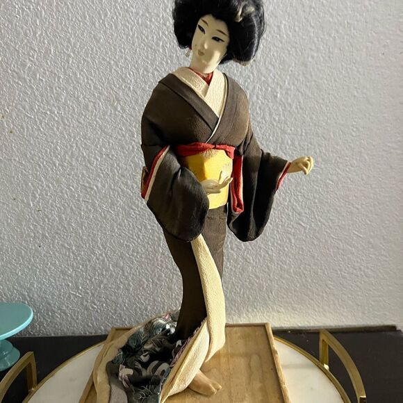 Vintage Geisha Doll Japanese Red Yellow Obi Sash Brown Tan Kimono 15.5” 70’s EUC - Picture 1 of 9